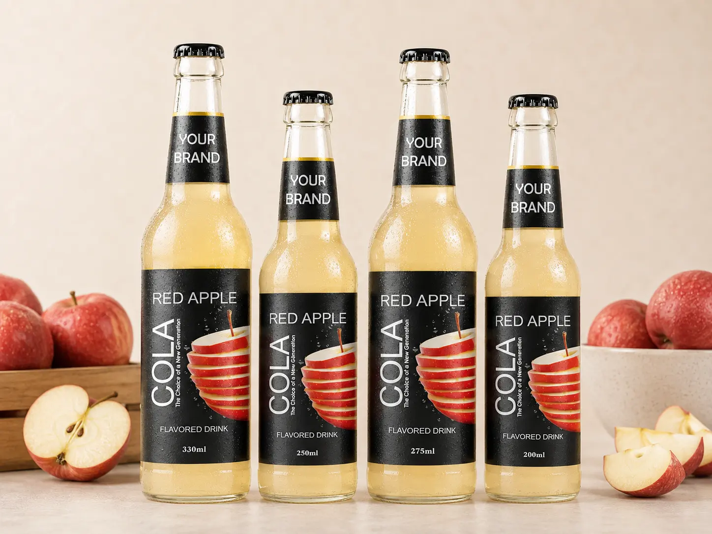 COLA DRINK Red Apple flavour in 330ml, 250ml, 275ml, and 200ml glass bottles.